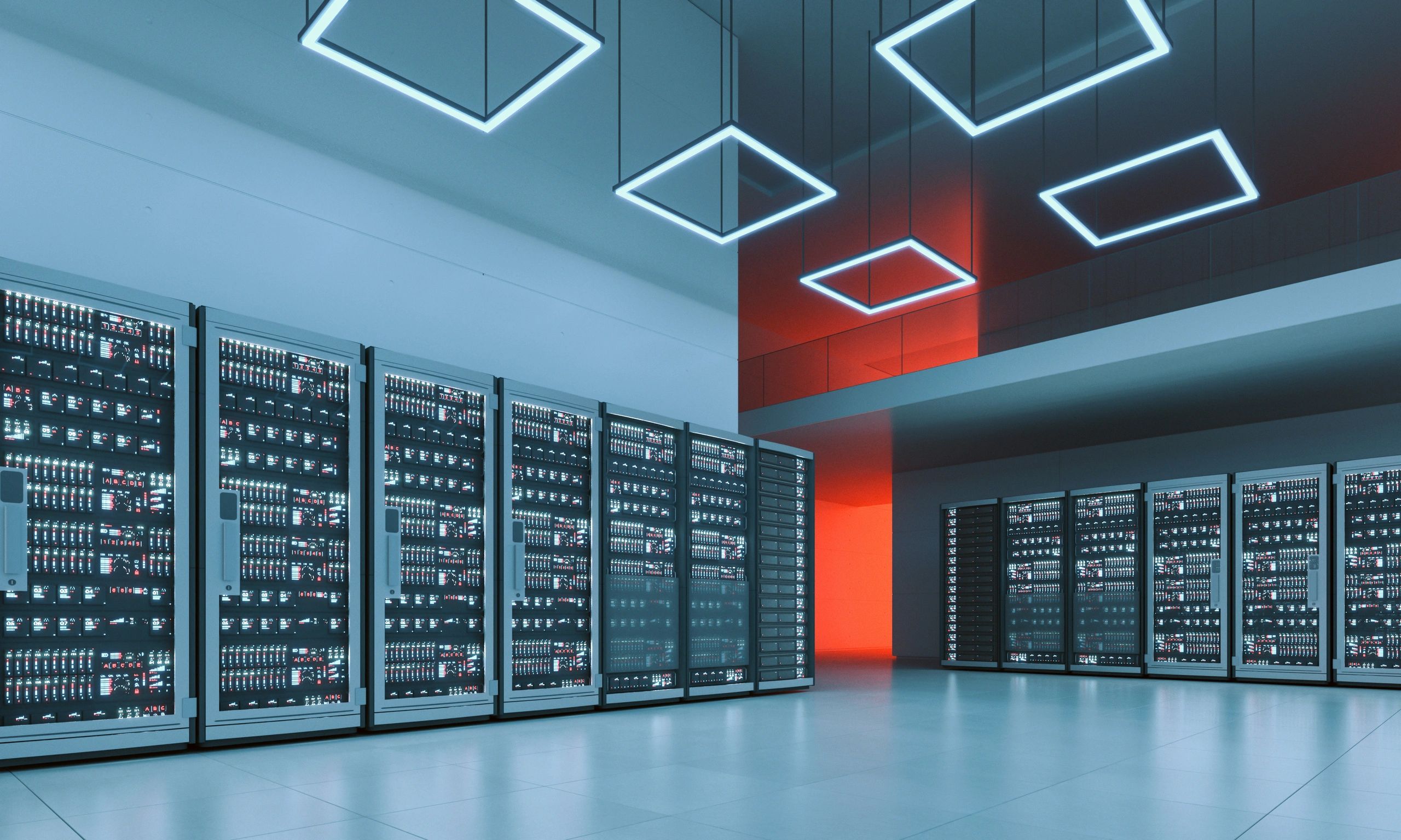 Modern data center server room representing fiber optic network infrastructure