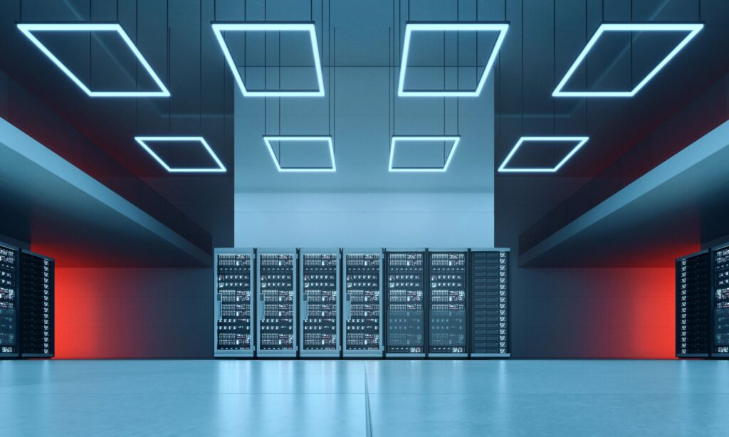 Futuristic data center with computer servers in a modern hall, night time