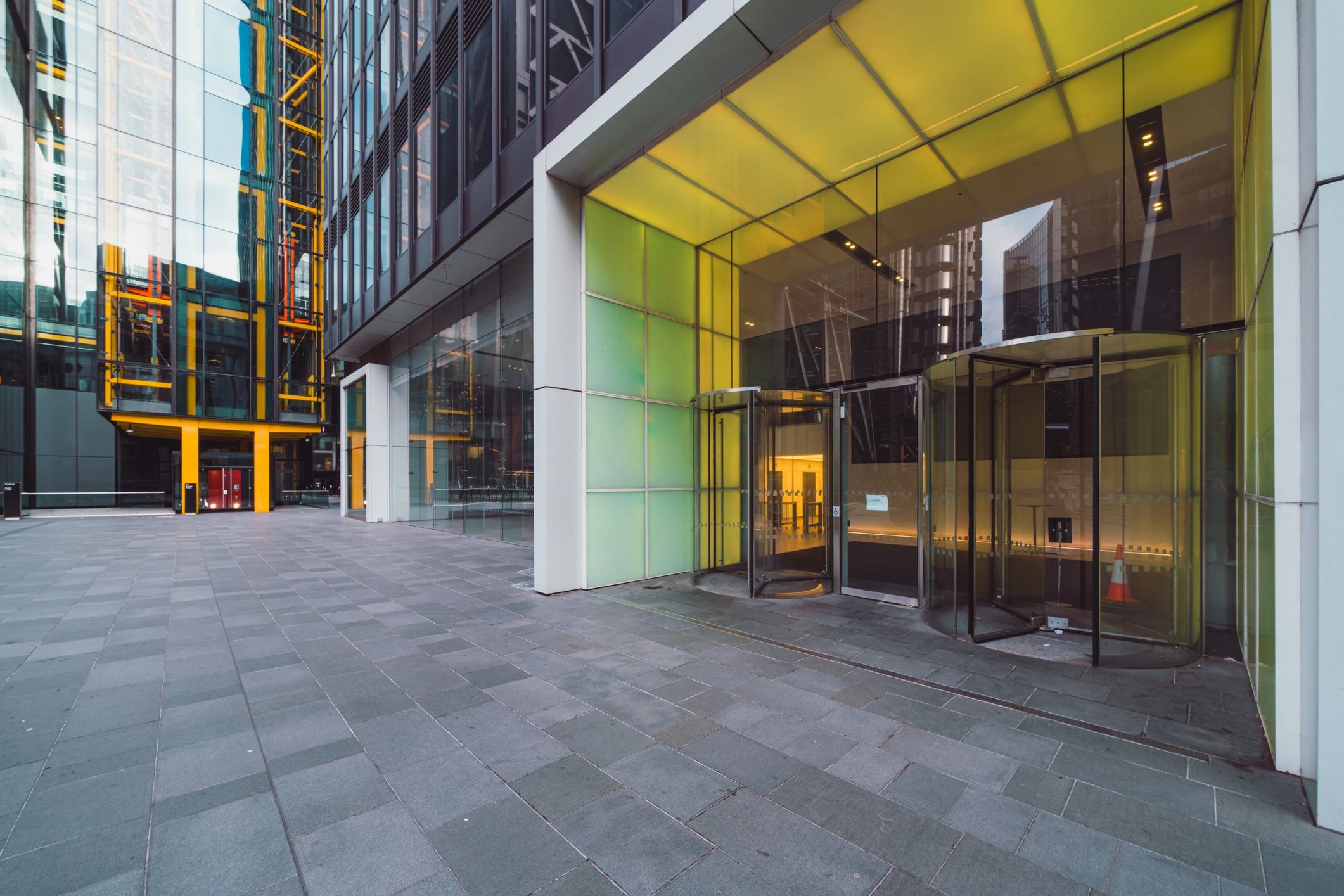 Modern commercial building entrance for access control and security services